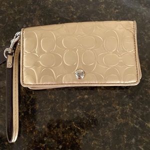 Coach Signature Gold Leather Wristlet Checkbook Wallet